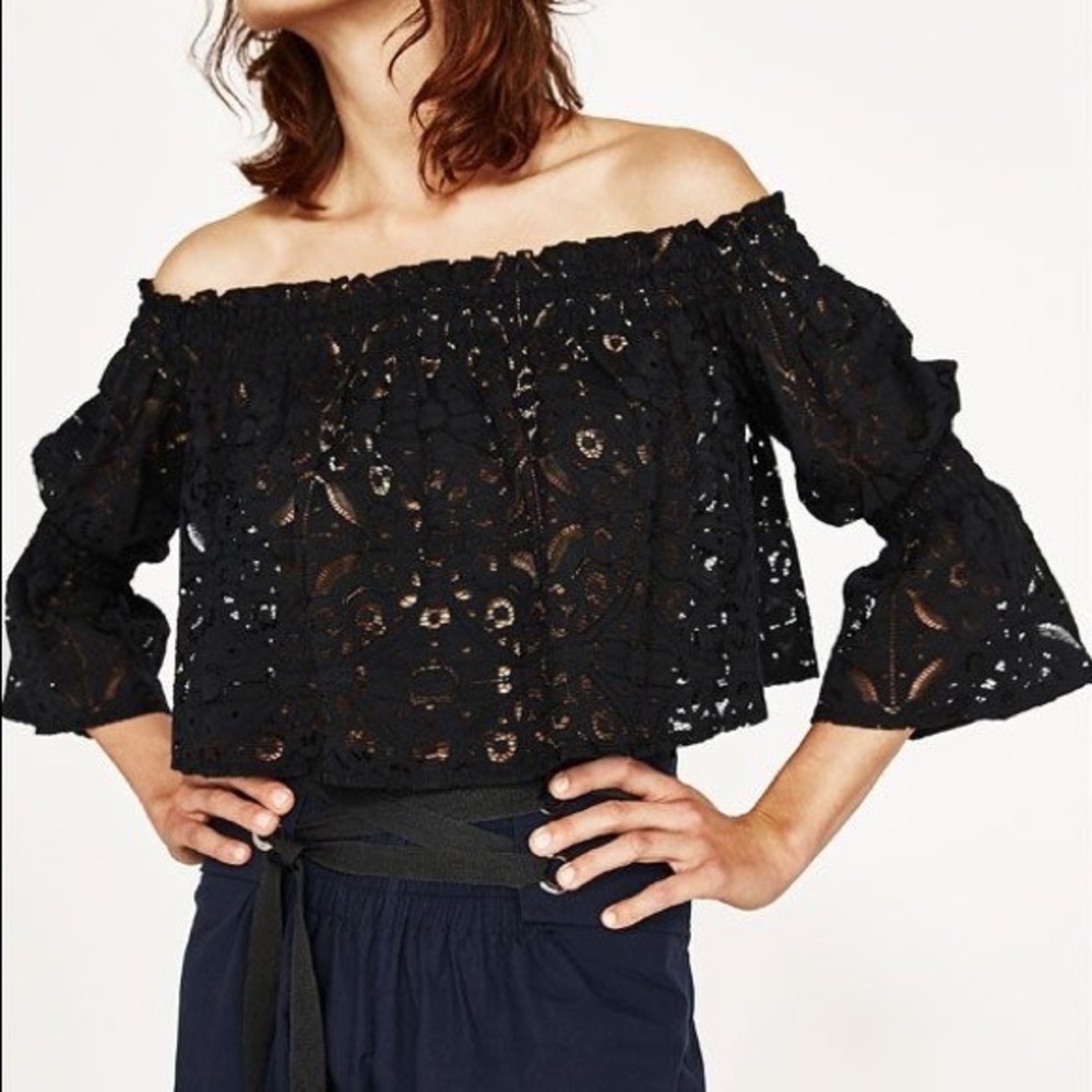 Zara Lace Off the Shoulder Boatneck Top in Black
